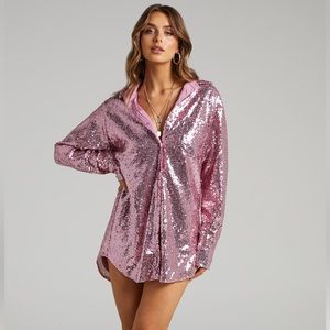 Cally Mini Dress - Oversized Shirt Dress in Lilac Sequin